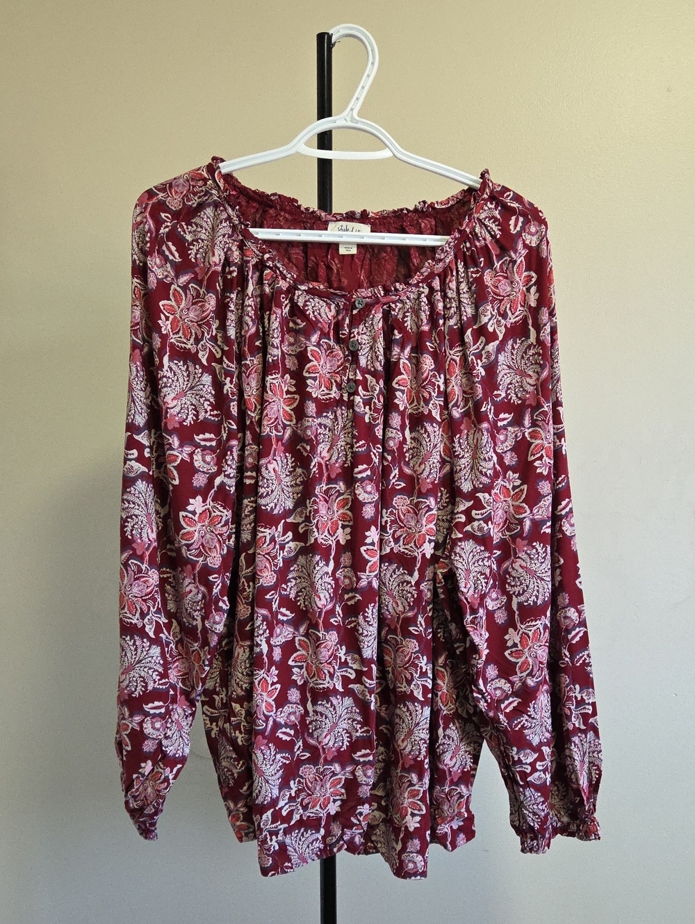 Style & Co. Plus Size  Maroon Floral Long-Sleeve Peasant Blouse